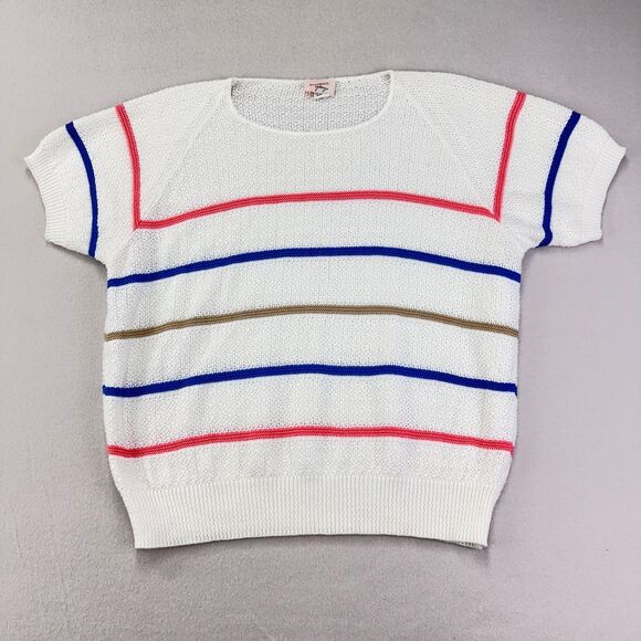 Vintage Sweaters - VTG 80s Wentworth Gallery Sweater Womens M White Striped Short Sleeve USA